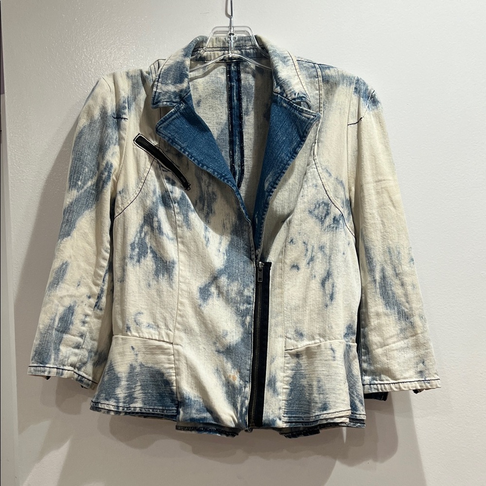 Tie-Dye Denim Biker Jacket - Blue & Cream
